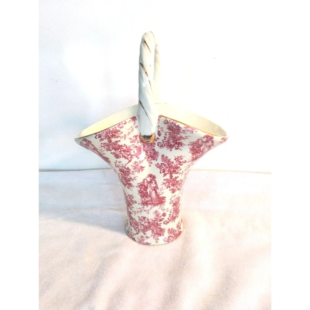 Formalities Ceramic BASKET Flower Vase Red CHINZ GOLD Romantic Victorian Cottage